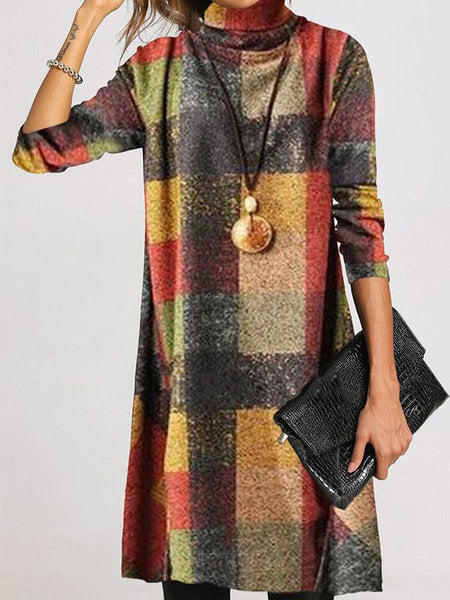 Robe chic à carreaux à col roulé à manches longues pour femmes