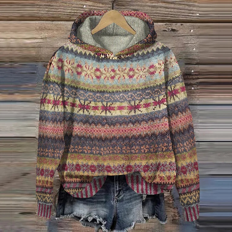 Pull en maille jacquard norvégien à capuche pour femme