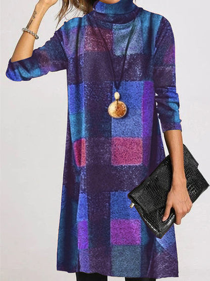 Robe chic à carreaux à col roulé à manches longues pour femmes
