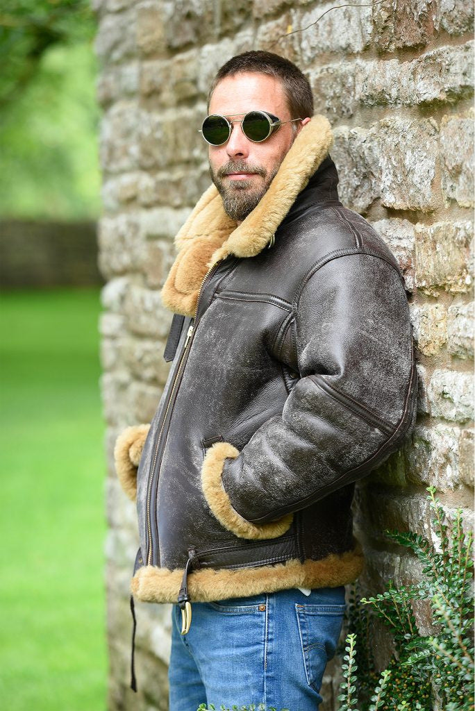 Blouson homme en peau d'agneau de luxe avec col en fausse fourrure chaud et isolant