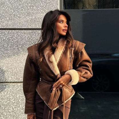 Veste en cuir stylée doublure teddy laçage