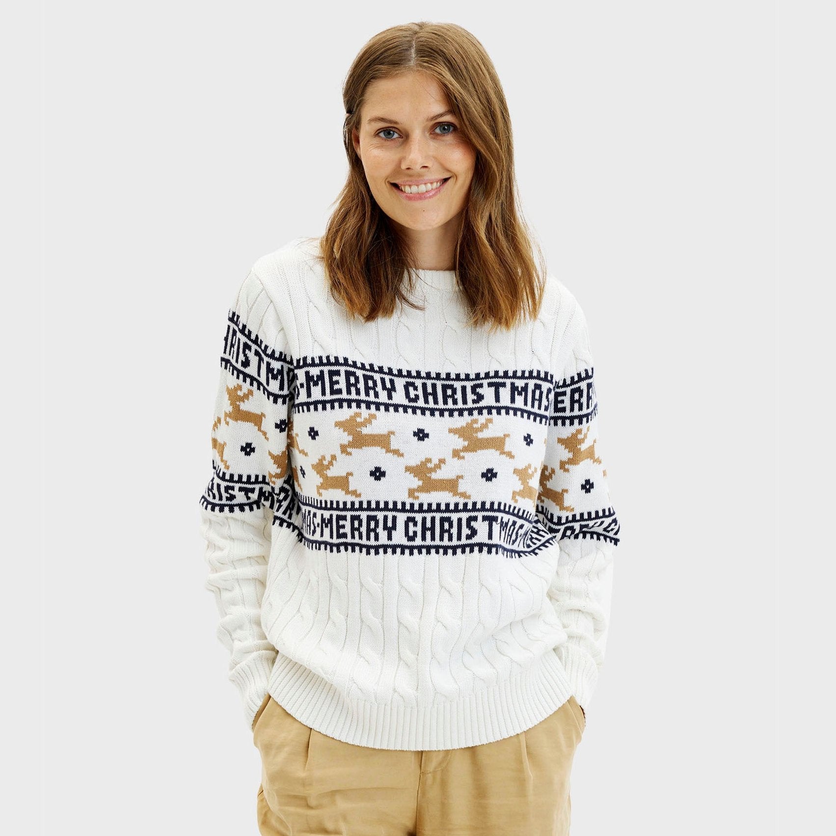 Weihnachtspullover Frauen Elegantes Design Weiß - IdealeKleiden