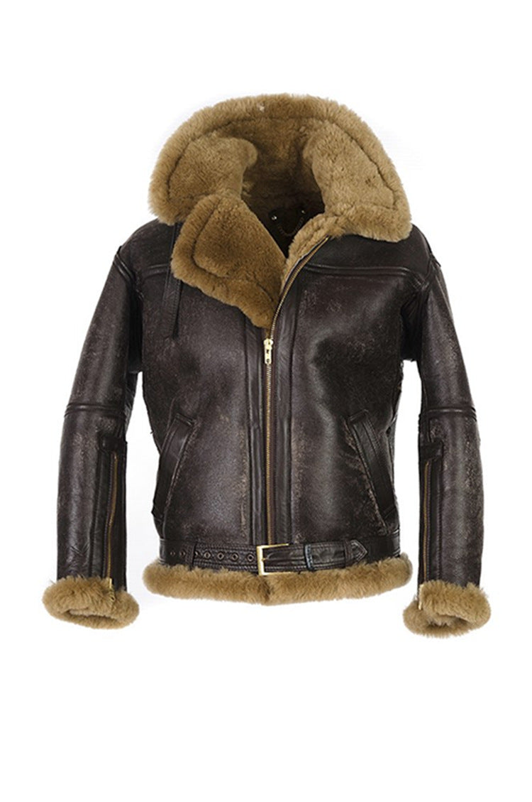 Blouson homme en peau d'agneau de luxe avec col en fausse fourrure chaud et isolant