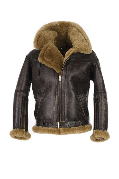 Blouson homme en peau d'agneau de luxe avec col en fausse fourrure chaud et isolant
