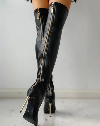 Bottes cuissardes talon doré fermeture éclair