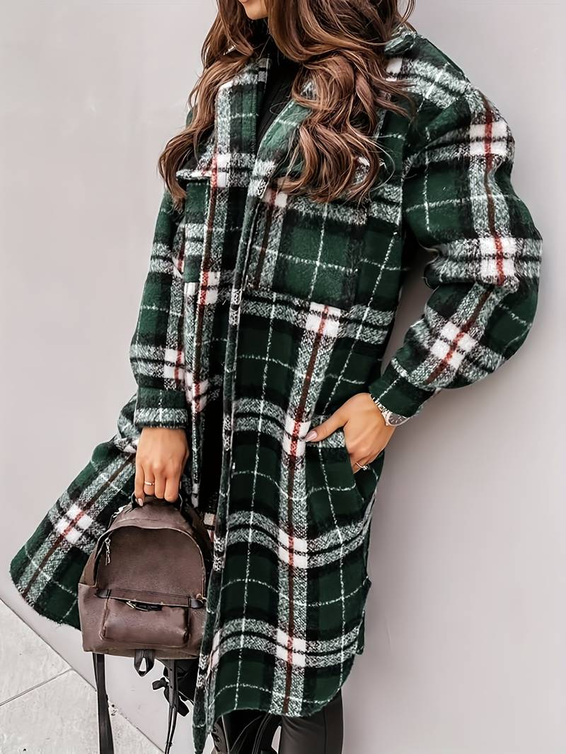 Veste en laine carreaux chaude élégante boutons pour femme