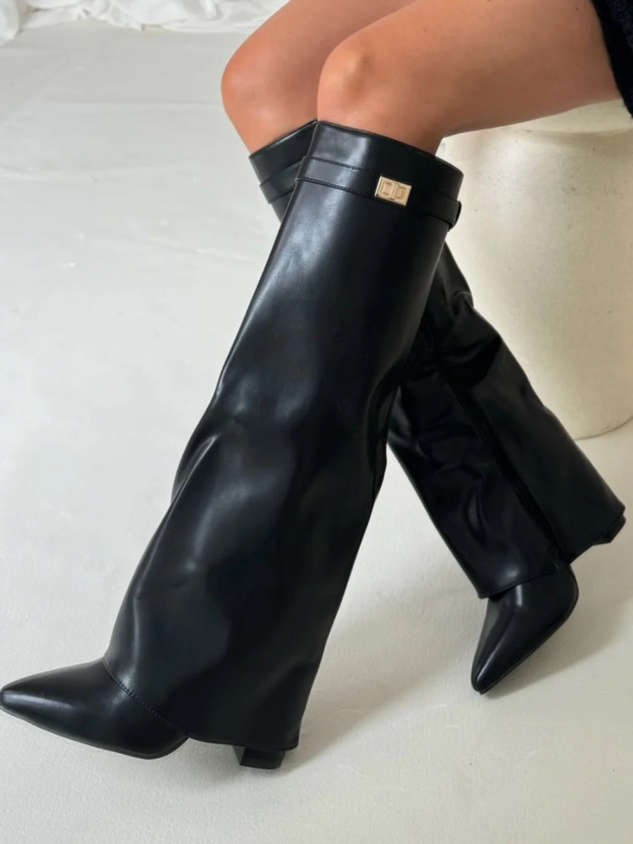 Damen Stiefel Überknie Reißverschluss Schwarz - IdealeKleiden