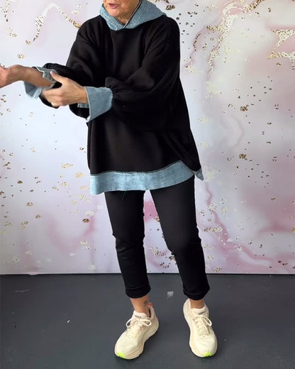 Stylische Pullover | Kapuzenpullover mit Kontrastärmlen Modern Design - IdealeKleiden