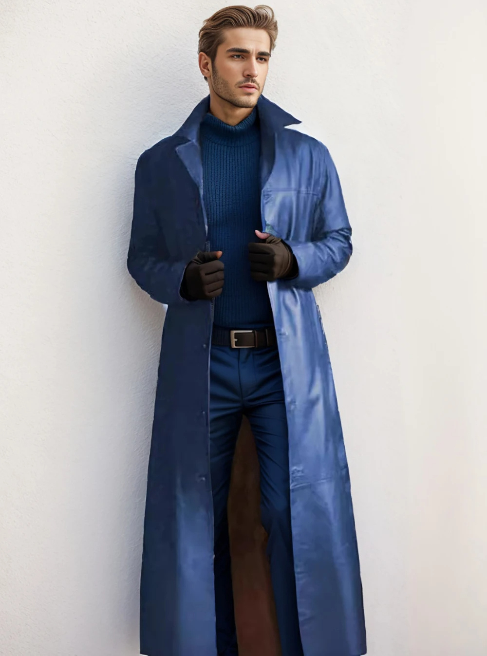 Élégant long manteau en cuir pour homme