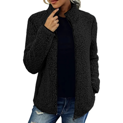 Veste femme douce en teddy, col montant, avec fermeture éclair