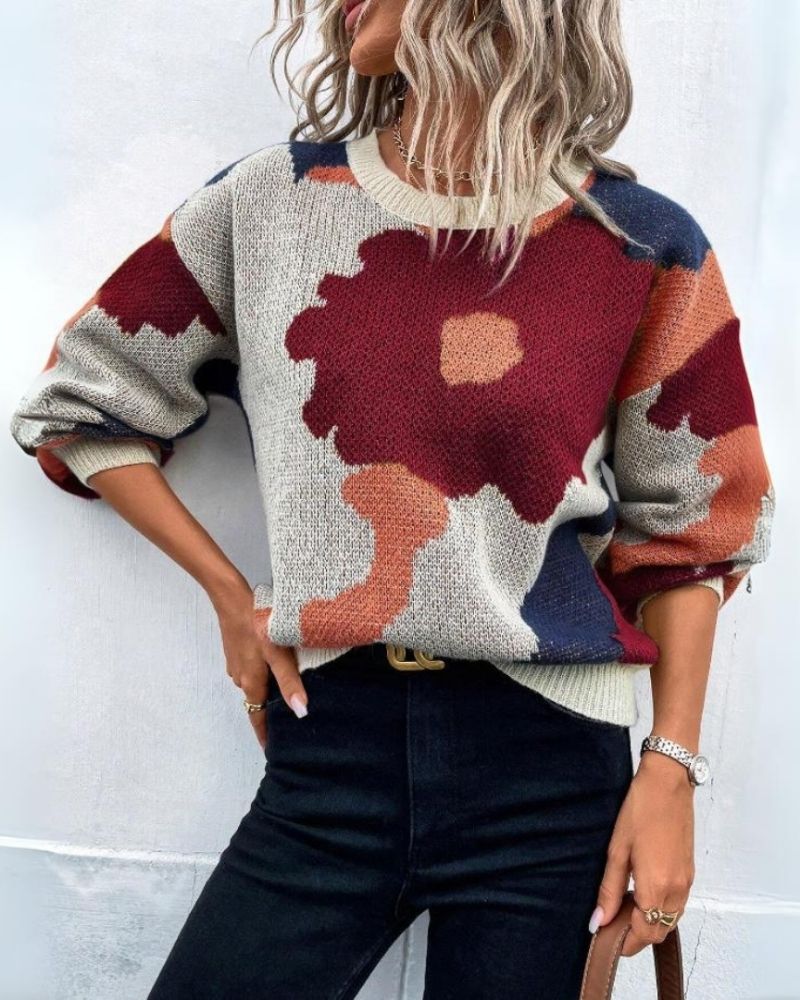 Pull tricoté femme moderne motif floral