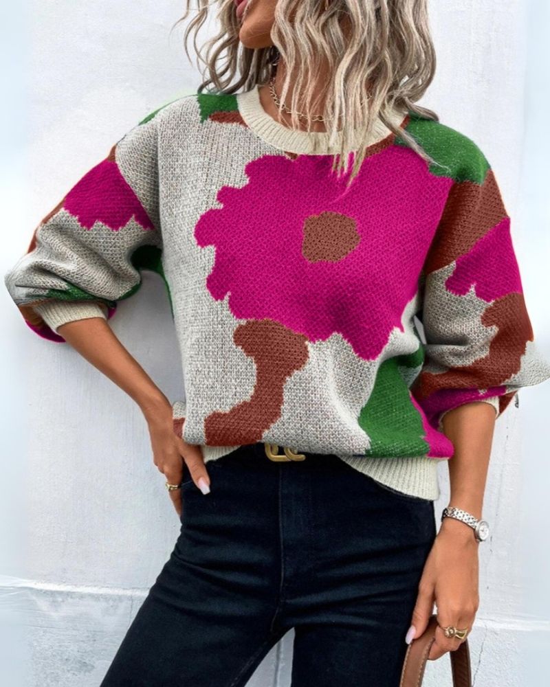 Pull tricoté femme moderne motif floral