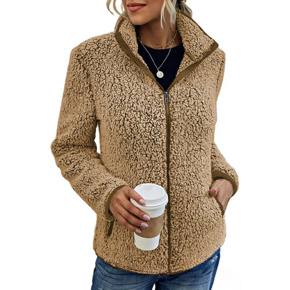Veste femme douce en teddy, col montant, avec fermeture éclair