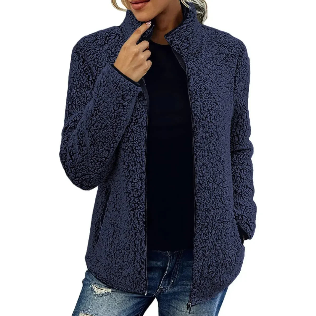 Veste femme douce en teddy, col montant, avec fermeture éclair