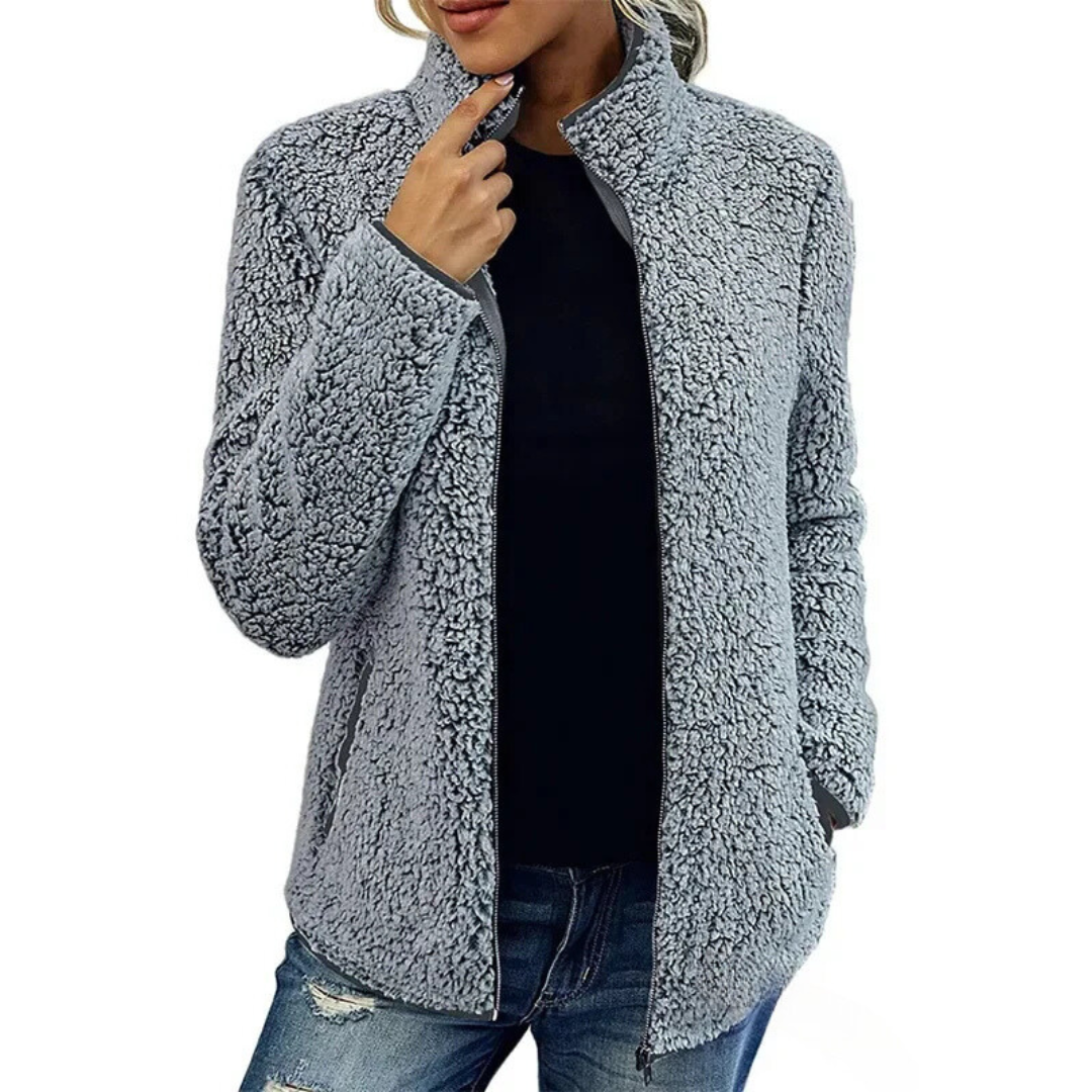Veste femme douce en teddy, col montant, avec fermeture éclair