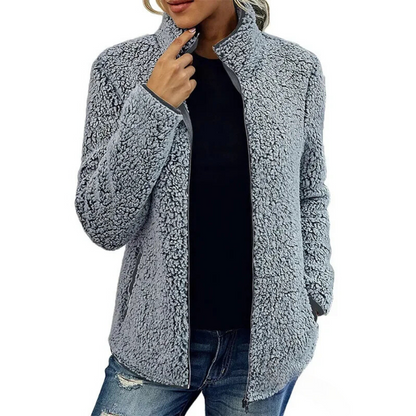 Veste femme douce en teddy, col montant, avec fermeture éclair