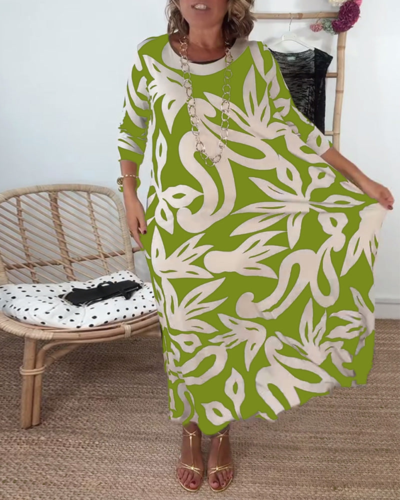 Robe pour femme à col rond, manches longues et imprimé coloré