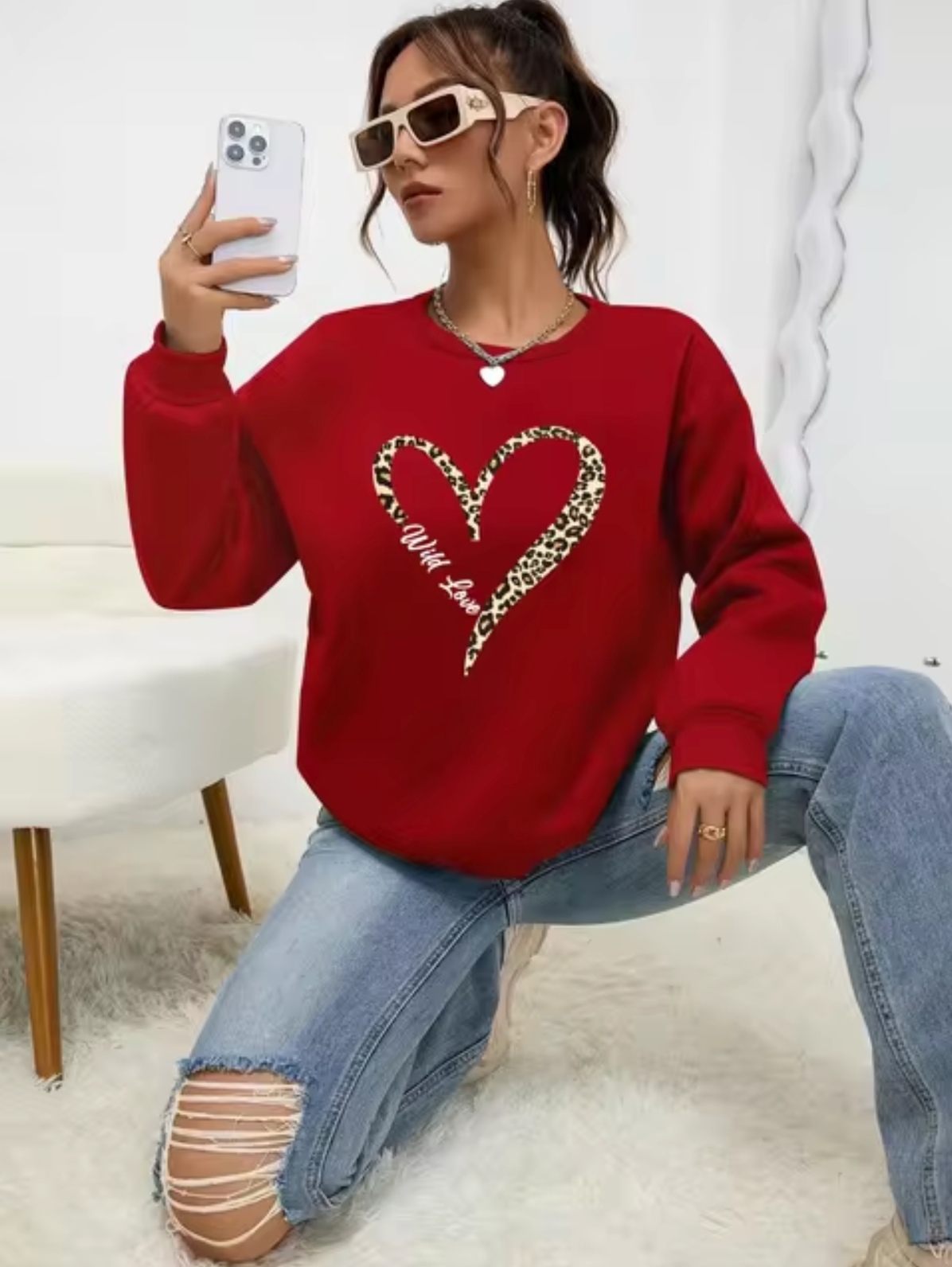 Pull tendance à motif léopard et cœur