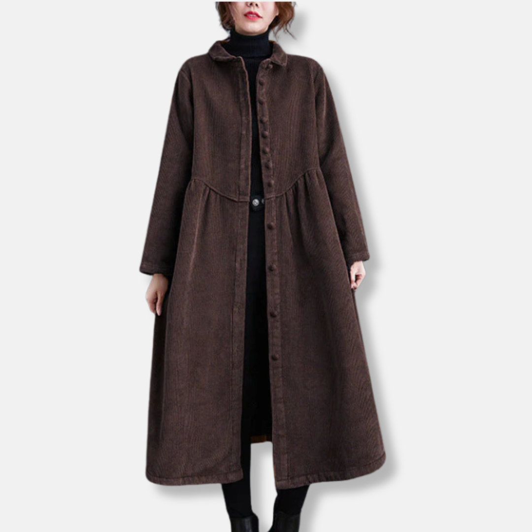 Manteau long femme en velours côtelé, coupe évasée, ample
