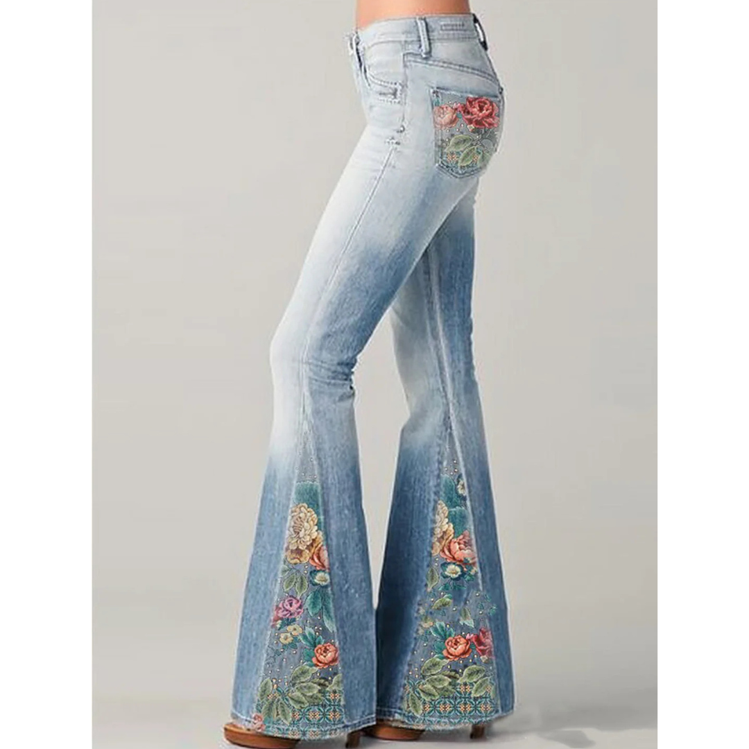 Damen-Jeans Blumenstickerei Weite Beinpartie - IdealeKleiden