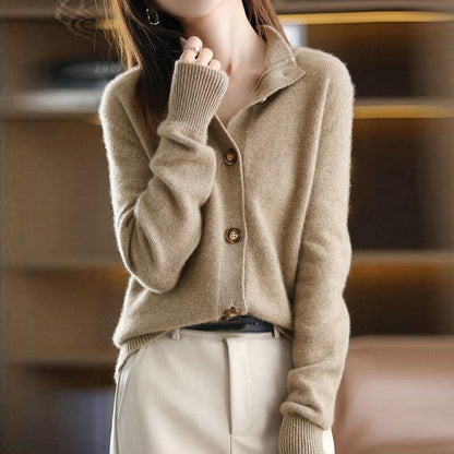 Strickjacke Wollmischung Lässig Rippbündchen Knöpfe - IdealeKleiden