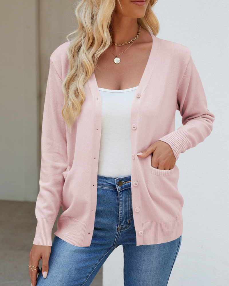 Damen Strickjacke V-Ausschnitt Langärmelig - IdealeKleiden