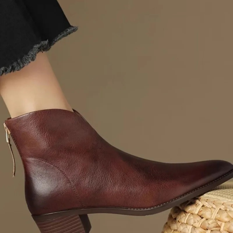 Elegante Leder-Stiefeletten Damen Spitze Blockabsatz - IdealeKleiden
