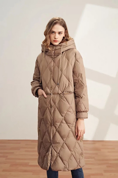 Élégant manteau long à capuche pour femme motif diamant
