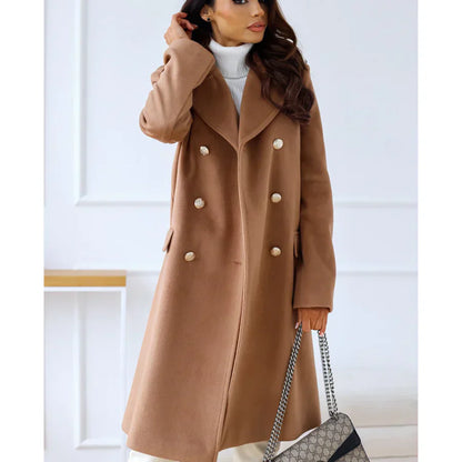 Manteau élégant pour femme, long, cintré, double boutonnage