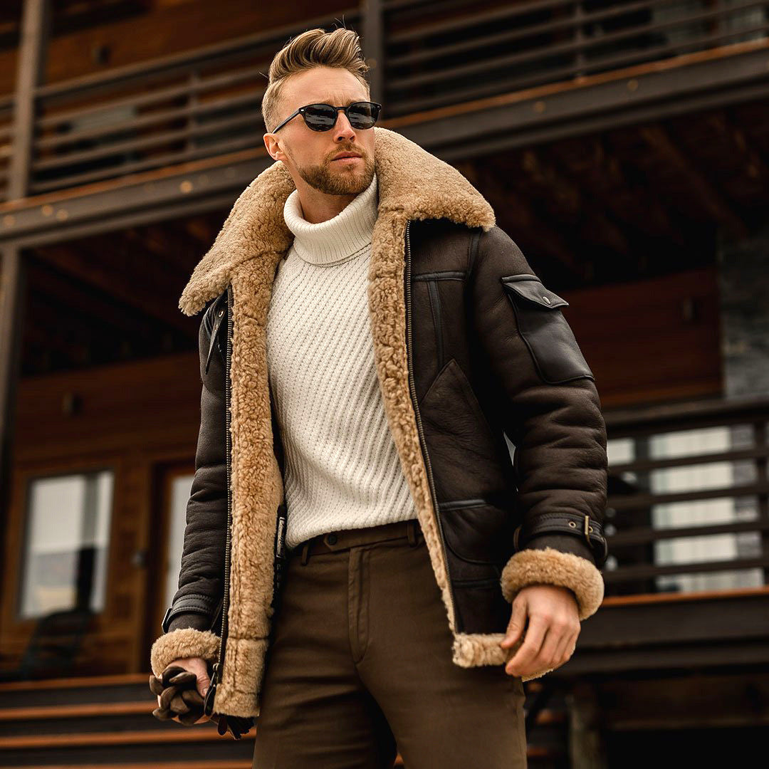 Blouson en cuir pour homme, col fourrure, style militaire