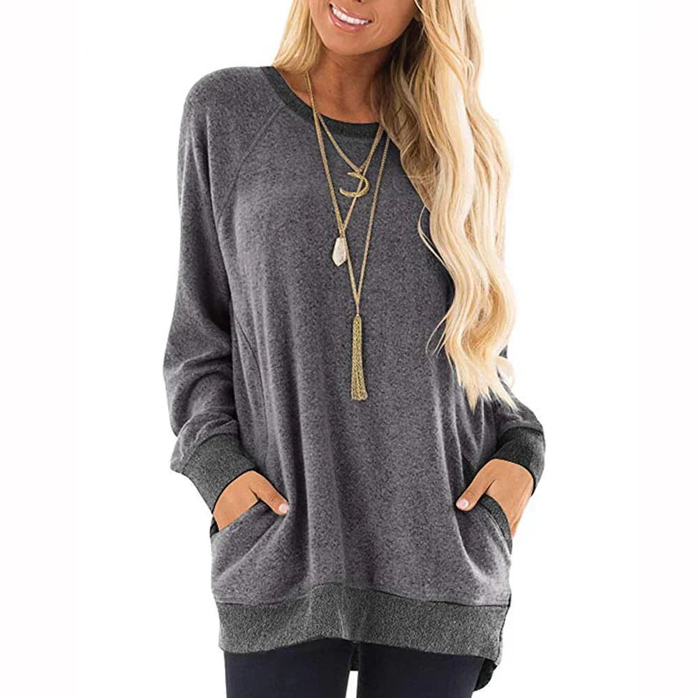 T-shirt manches longues col rond pour femme, 2 poches