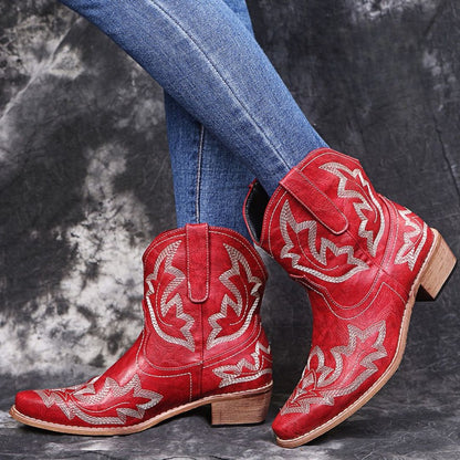 Bottes Western Femme Brodé Cuir Pointues Hauteur Cheville Talon Bloc