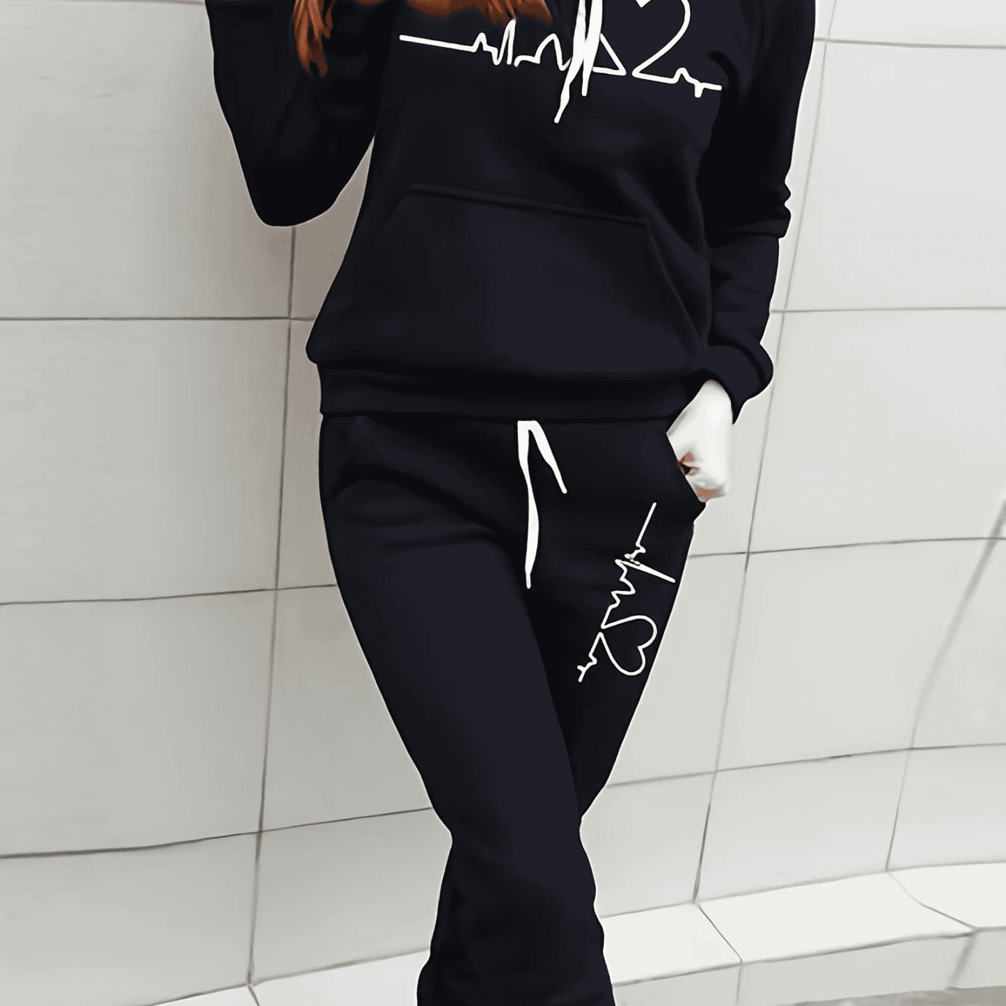 Ensemble d'hiver femme motif cœur sweat à capuche jogging