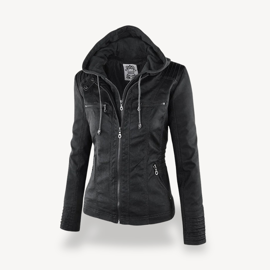 Blouson en cuir imperméable pour femme avec capuche, tendance