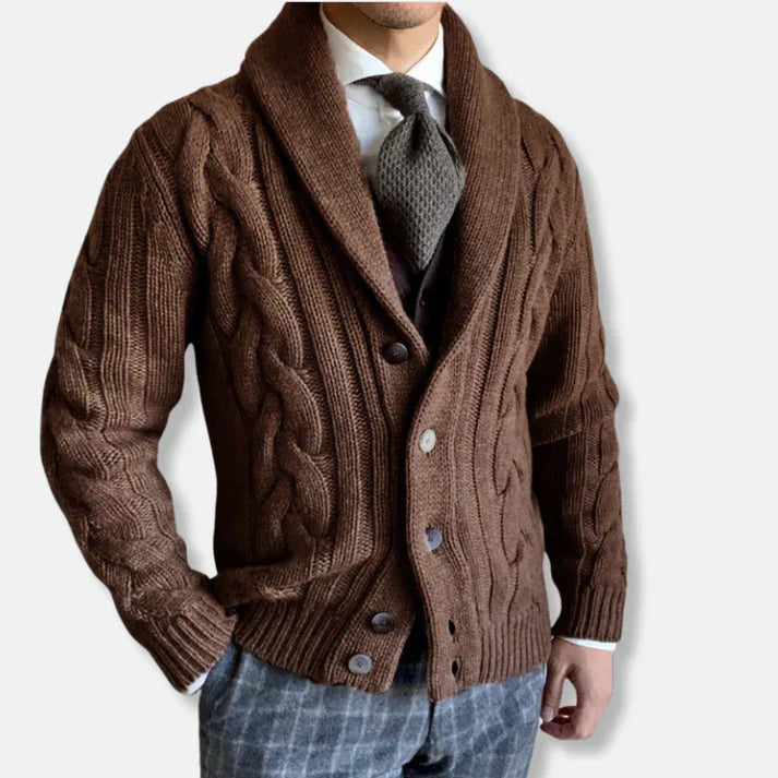 Gilet pour homme en laine, motif tressé, col châle