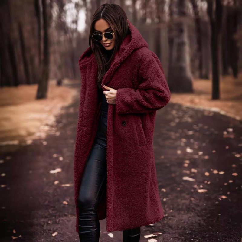 Manteau d'hiver long en teddy pour femme avec capuche