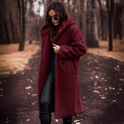 Manteau d'hiver long en teddy pour femme avec capuche