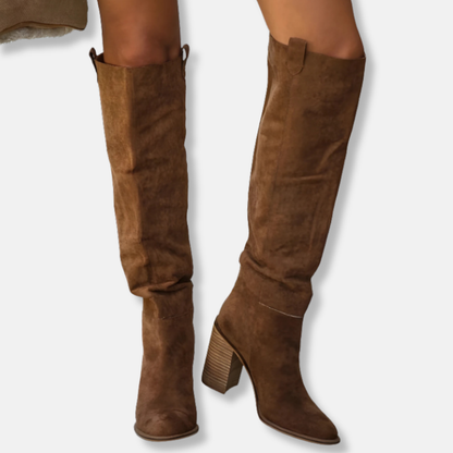 Bottes élégantes pour femmes - Aspect daim - Talon épais - Bout pointu