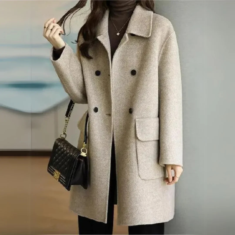 Veste longue en laine pour femme élégante, à fermeture boutonnée