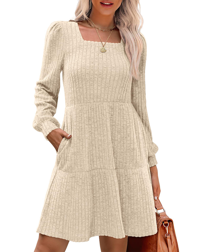 Robe élégante pour femme, col carré, côtelée