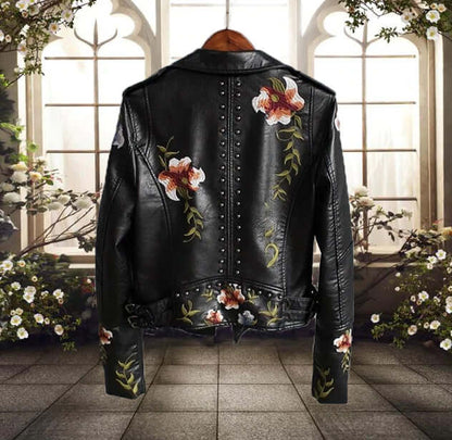 Stylische Damen Lederjacke Blumenmuster - IdealeKleiden