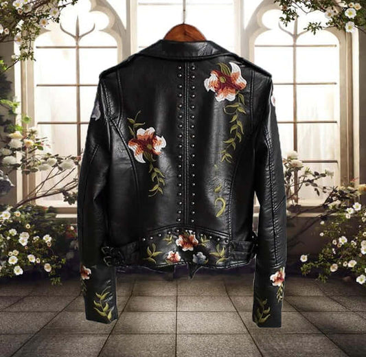 Stylische Damen Lederjacke Blumenmuster - IdealeKleiden