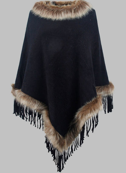 Poncho long élégant pour femme avec col en fausse fourrure