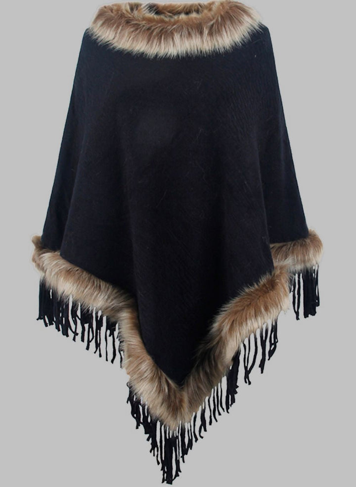 Poncho long élégant pour femme avec col en fausse fourrure