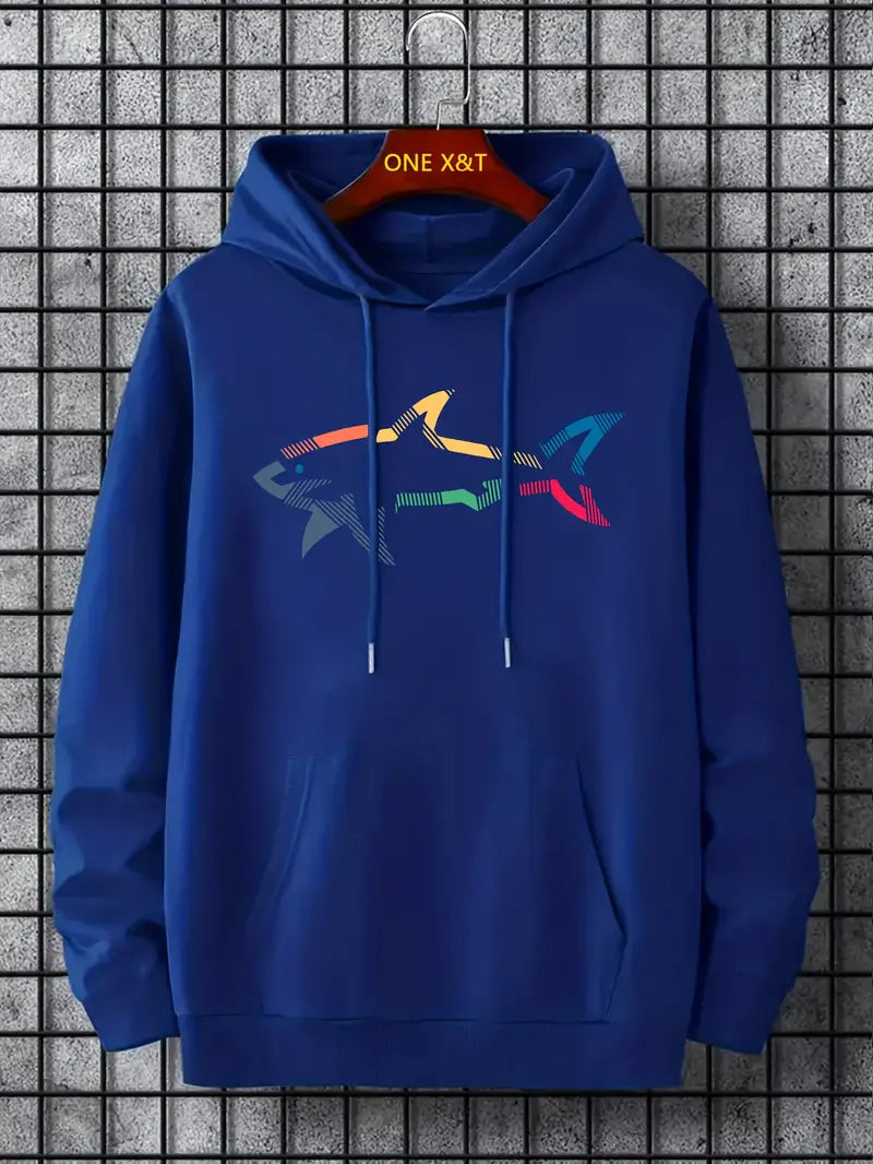 Pull homme décontracté motif requin capuche