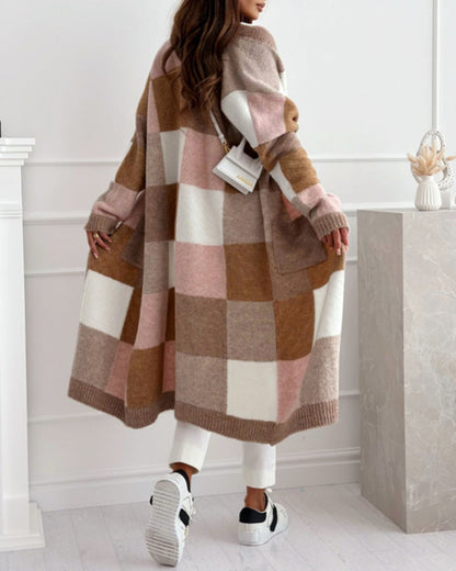 Cardigan décontracté à carreaux avec poche
