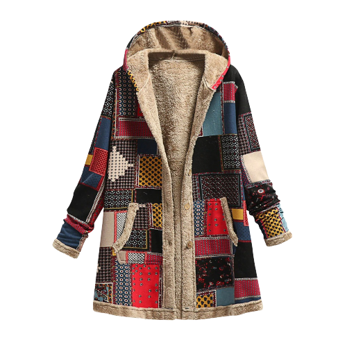 Manteau à capuche style patchwork doublé polaire douce