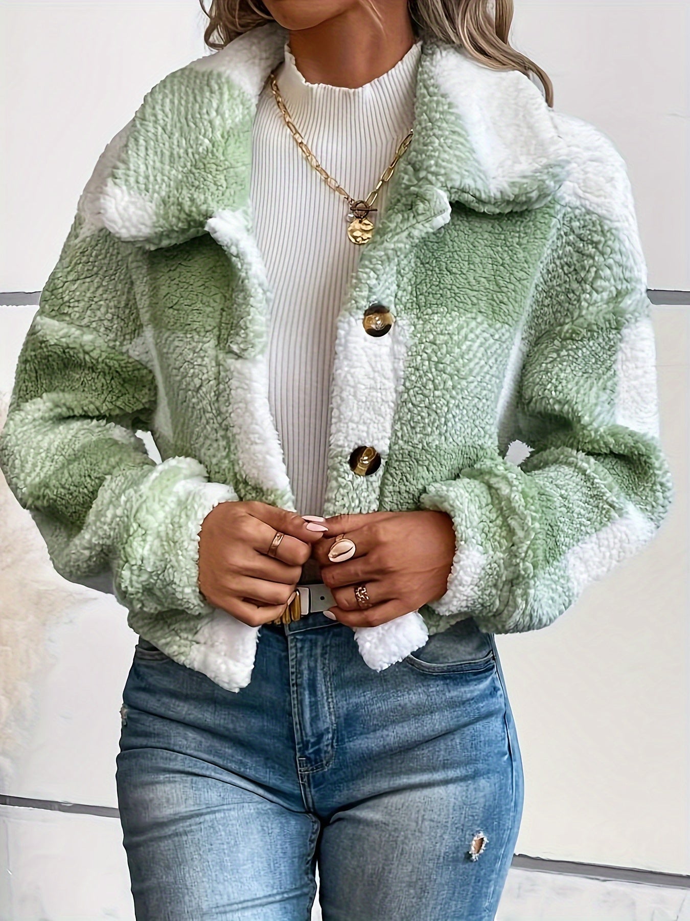 Veste Teddy à carreaux pour femme, moderne, avec fermeture boutonnée