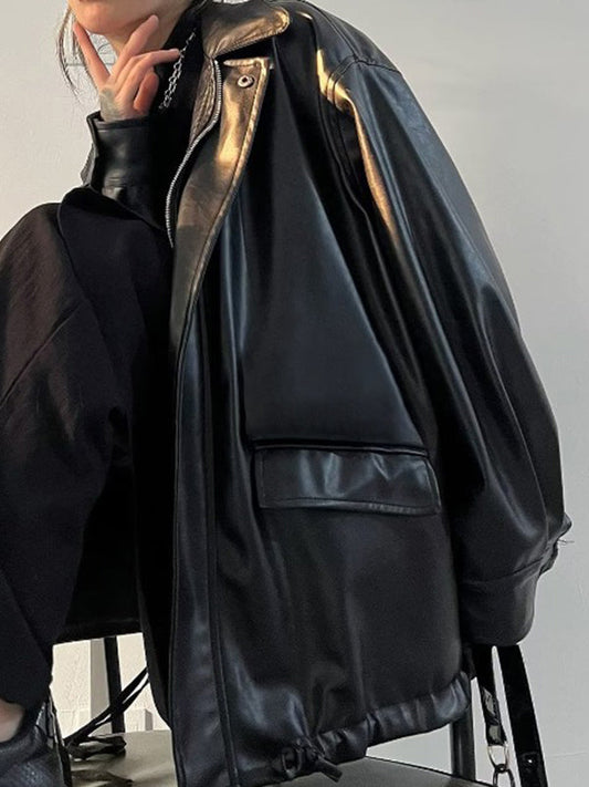 Vegan Ledermantel Oversized Schwarz Reißverschluss - IdealeKleiden