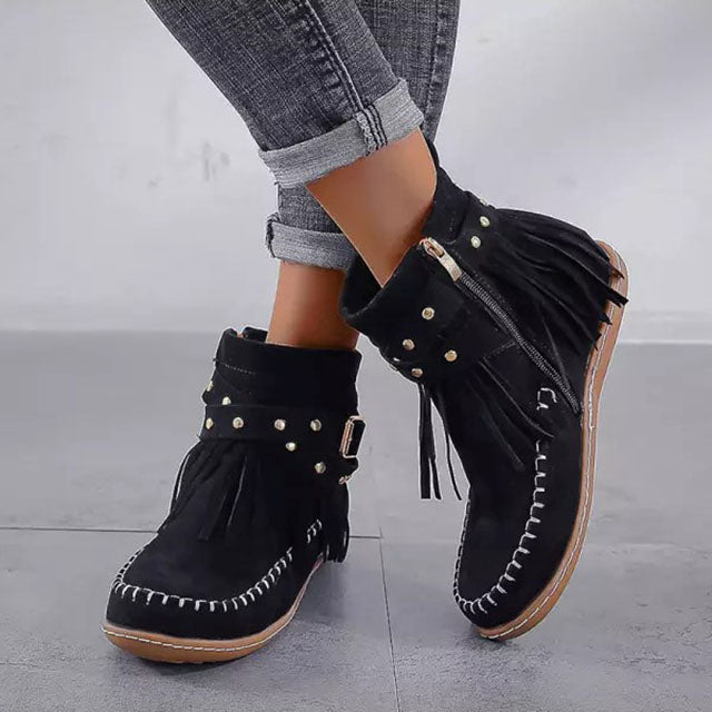 Bottes Femme Plates Clous Lanières Boucle